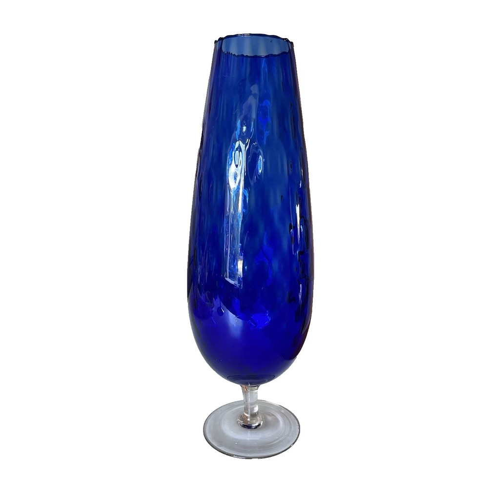 Empoli Extra Large Pedestal Stem Vase Diamond Optic Cobalt‎ Blue 19" MCM Snifter